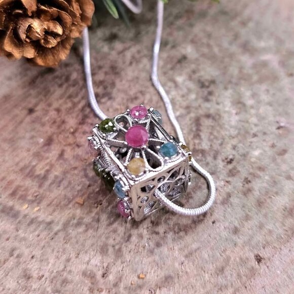 Nature Rainbow Faceted Tourmaline Rectangular Cage Pendant Necklace - Picture 3 of 10